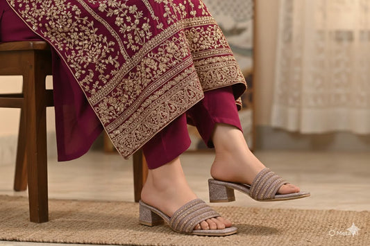 Majestic shimmer block heels for women with multi-strap design